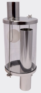 Stainless steel sanitary trap with glass bowl and float ball protects vacuum pump, prevents milk overflow, and ensures safe, hygienic milking system operation.